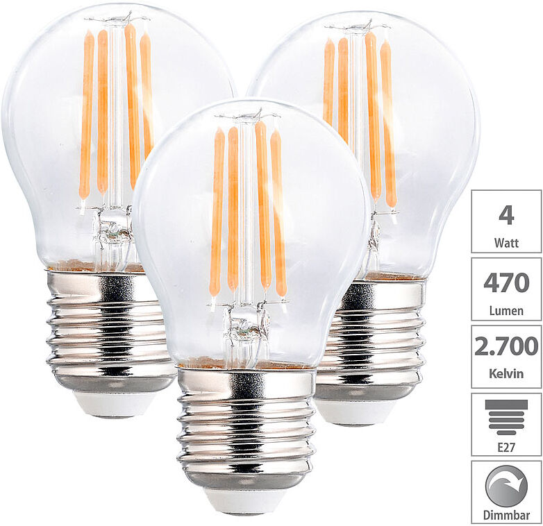 Luminea 3er-Set LED-Filament-Lampen, G45, E27, 470 lm, 4 W, 2700 K, dimmbar