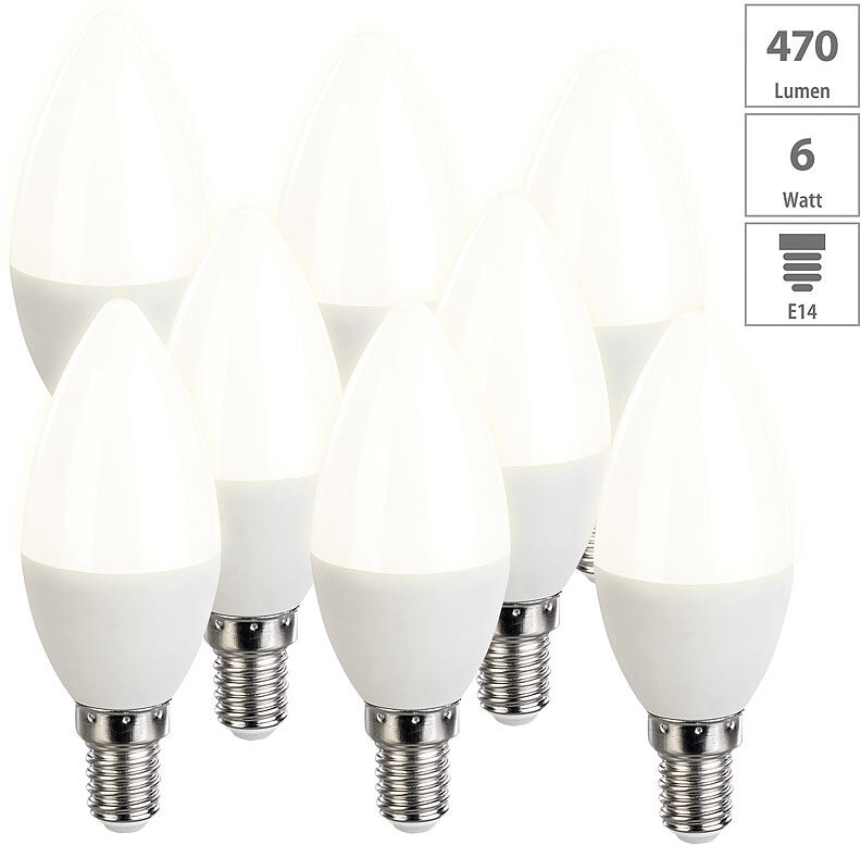 Luminea 8er-Set LED-Kerzen, warmweiß, 470 Lumen, E14, A+