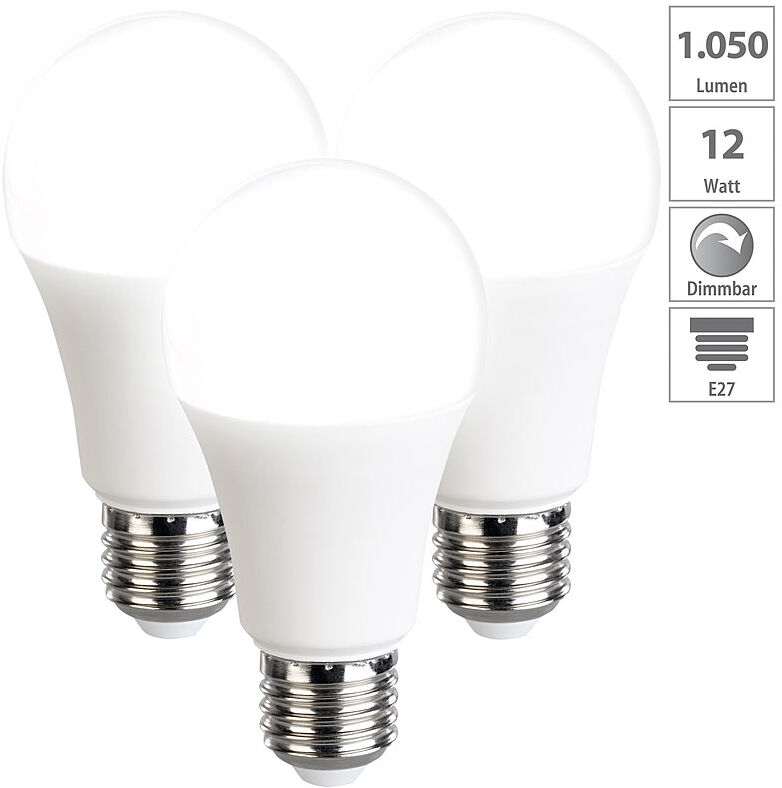 Luminea 3er-Set LED-Lampen, dimmbar, tageslichtweiß, 1050 Lumen, E27, A+, 12 W