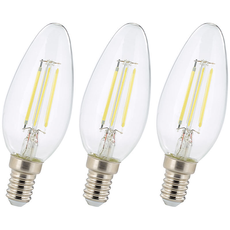 Luminea 3er-Set LED-Filament-Kerzen, B35, E14, 470 Lumen, 4 Watt, 6500 K