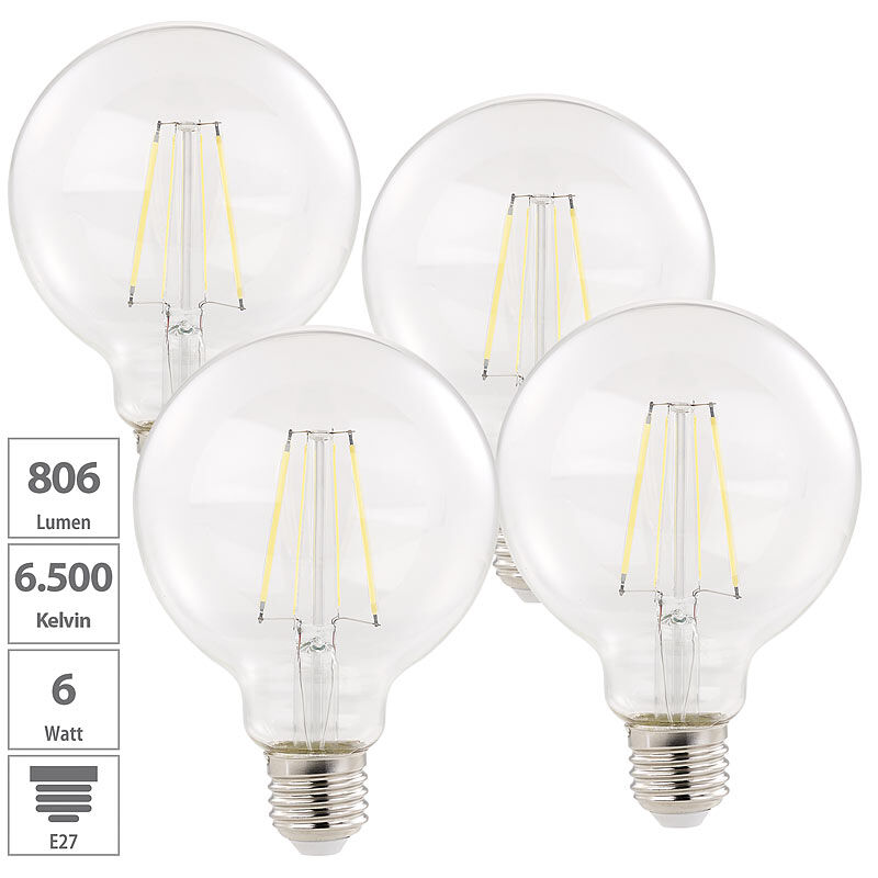 Luminea 4er Pack LED-Filament-Birne, E27, A++, 6 W, 806 lm, 360°