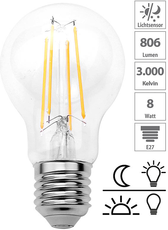 Luminea LED-Filament-Lampe mit Dämmerungssensor, E27, 8 W, 806 lm, warmweiß