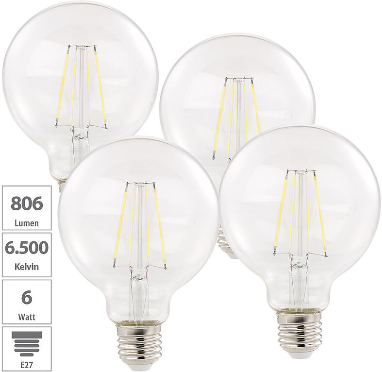 Luminea 4er-Set LED-Filament-Birnen, E27, A++, 6 W, 806 lm, tageslichtweiß