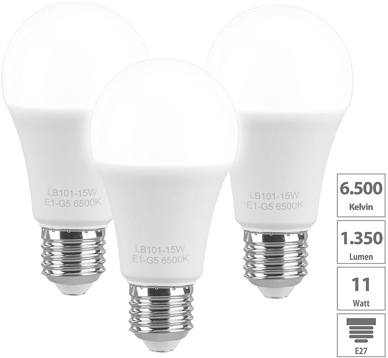 Luminea 3er-Set LED-Lampen, tageslichtweiß, 6500 K, E27, 15 W, 1.350 Lumen, A+