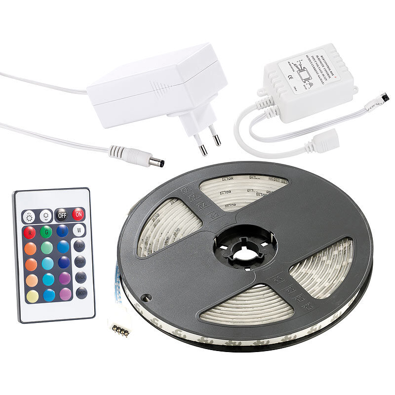 Lunartec RGB-LED-Streifen LC-500A mit Netzteil & Fernbedienung, 5 m, IP65