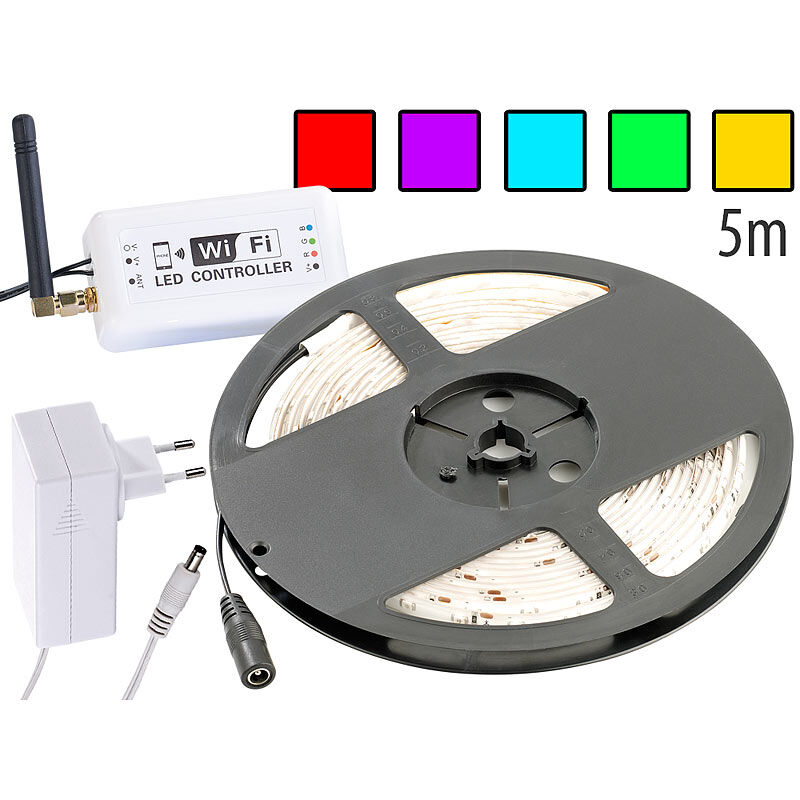 Lunartec RGB-LED-Streifen LC-500N mit Netzteil & Smartphone-Controller, Innen
