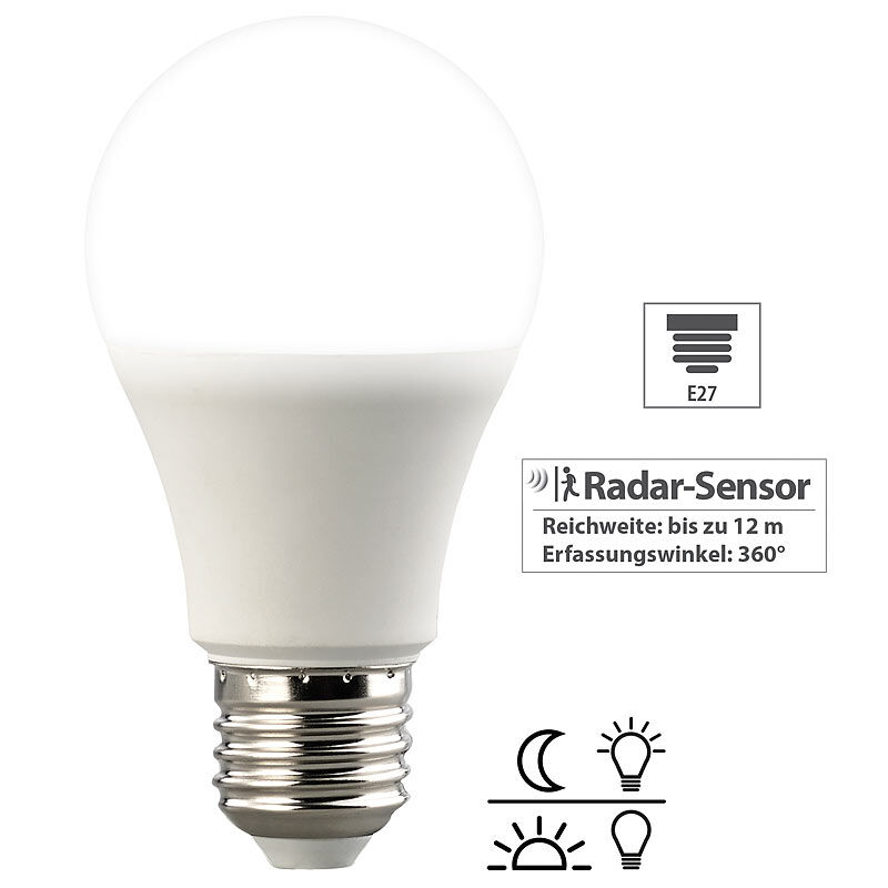 Luminea LED-Lampe, Radar-Bewegungs- & Lichtsensor, 806 lm, E27, tageslichtweiß
