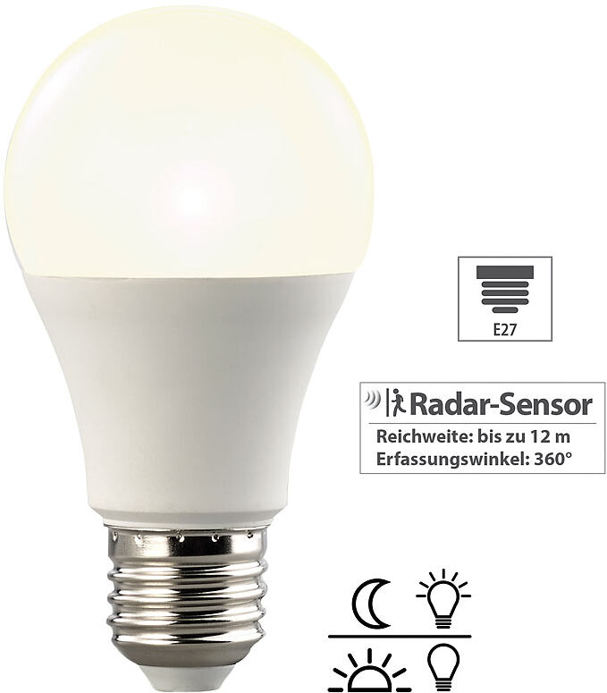 Luminea LED-Lampe, Lichtautomatik & Radar-Sensor, 10 W, 806 lm, E27, warmweiß