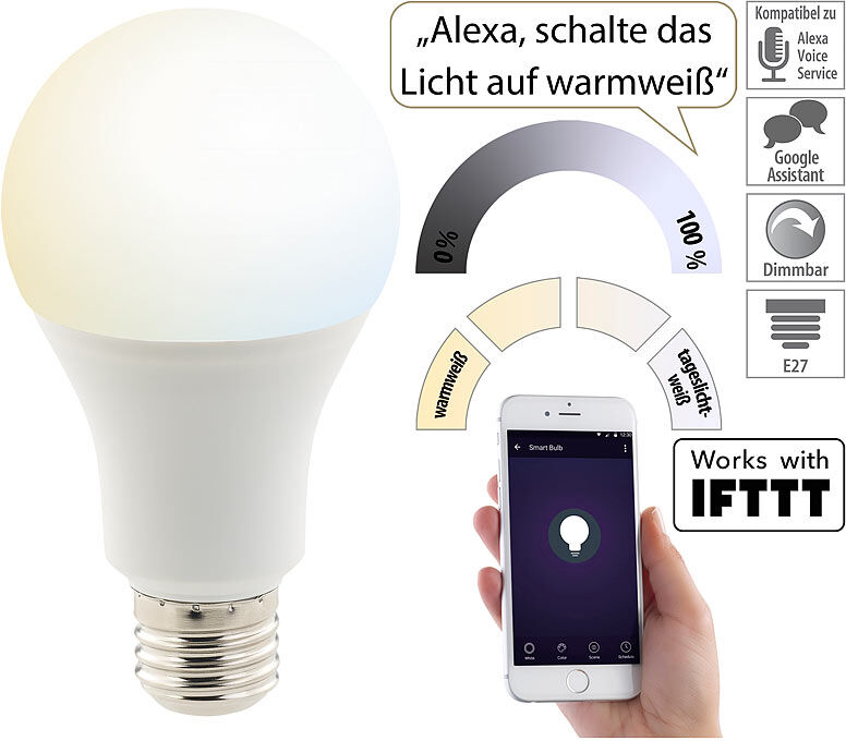 Luminea Home Control WLAN-LED-Lampe, für Alexa, Siri & Google Assistant, E27, 1.050 lm, CCT