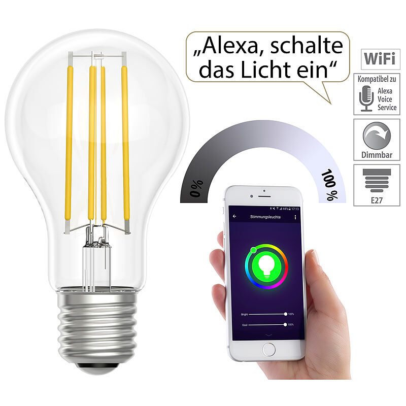 Luminea Home Control LED-Filament-Lampe, komp. zu Amazon Alexa & Google Assistant, 6500 K