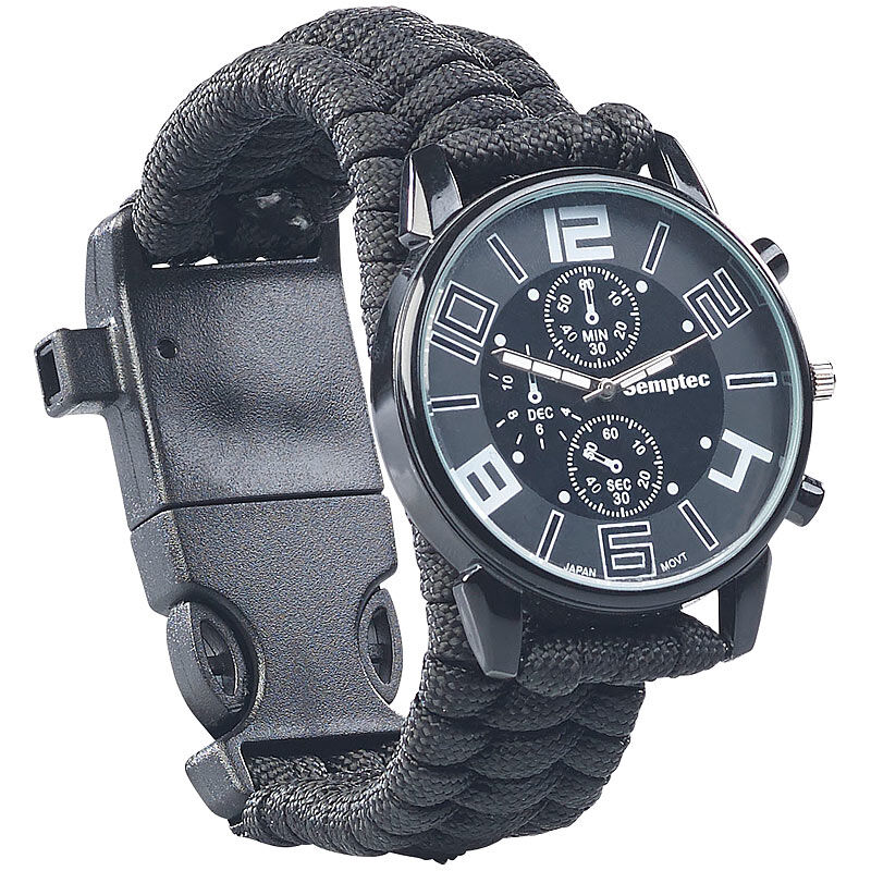 Semptec Urban Survival Technology 5in1-Armbanduhr mit Paracordband, Feuerstahl, Kompass, Notfallpfeife