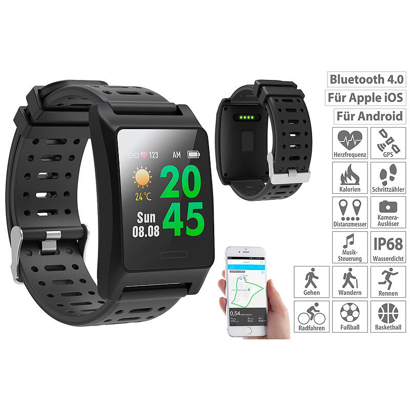 newgen medicals Fitness-GPS-Smartwatch, Herzfrequenz-Anzeige, Farb-Display, App, IP68