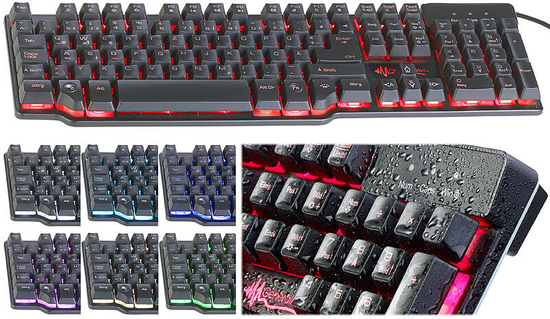 GeneralKeys Halbmechanische USB-Gaming-Tastatur, 7-farbig beleuchtet, wasserfest