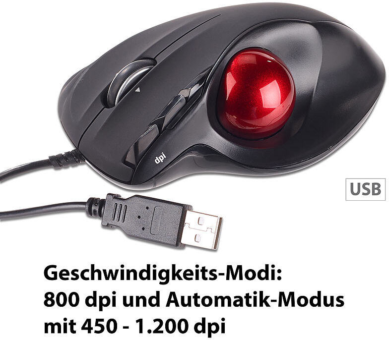 Mod-it USB-Laser-Trackball, 5 Tasten und 4-Wege-Scrollrad, 1.200 dpi