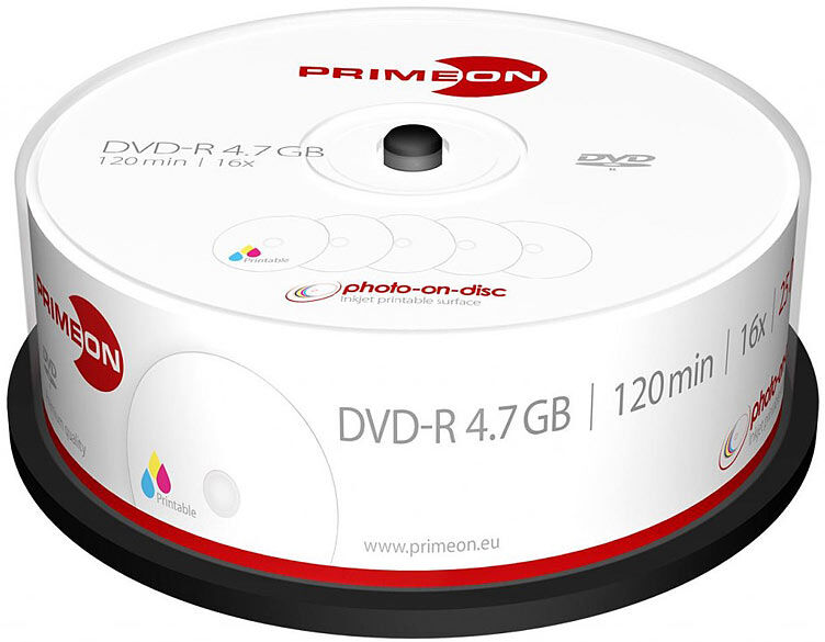 Primeon DVD-R, 4.7 GB, 16x, photo-on-disc, Inkjet Fullsize Printable, 25er-Box