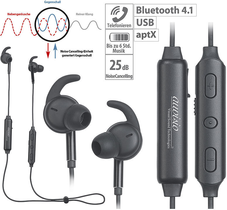 auvisio ANC Stereo-In-Ear-Headset, Bluetooth aptX, Geräusch-Unterdrückung 25dB