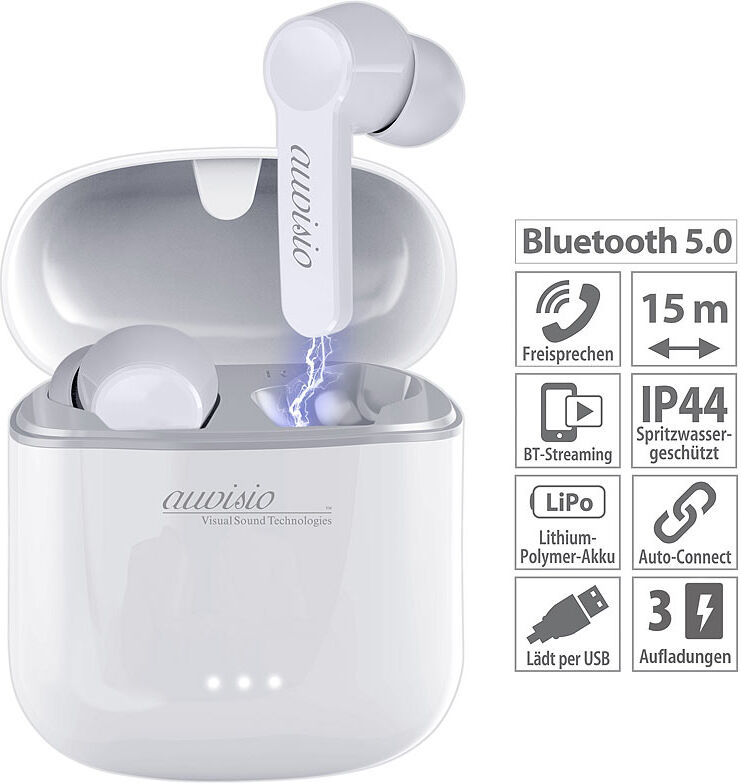 auvisio In-Ear-Stereo-Headset mit Bluetooth 5, Ladebox, bis 22 Std. Spielzeit