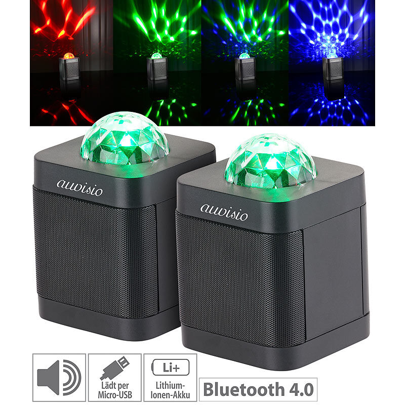 auvisio 2er-Set Lautsprecher mit Bluetooth 4.0 & 3-farbigem Disco-Lichteffekt