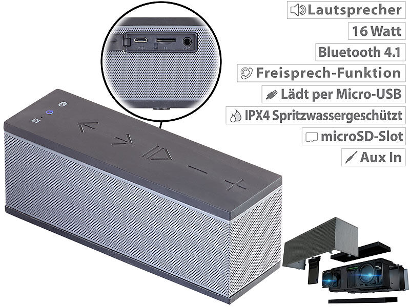 auvisio Stereo-Lautsprecher mit Freisprecher, Bluetooth, microSD, 16W, IPX4