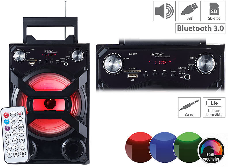 auvisio Mobile Akku-Musikanlage, Bluetooth, Karaoke-Funktion, USB, SD, 30 Watt