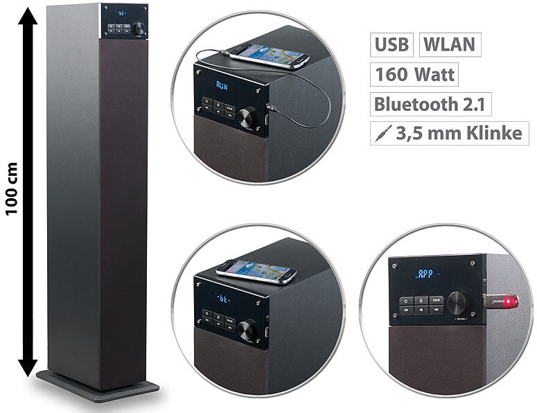 auvisio 2.1-Multiroom-Turmlautsprecher m. WiFi, Bluetooth, USB-Anschluss, 160W