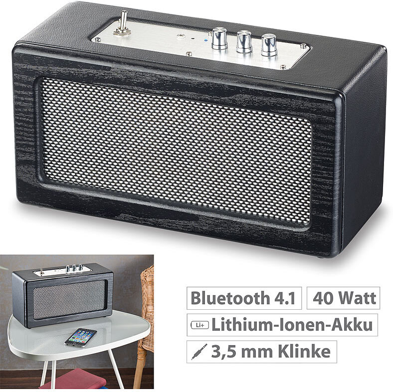 auvisio Mobiler Retro-Lautsprecher mit Bluetooth 4.1 und AUX-Eingang, 40 Watt