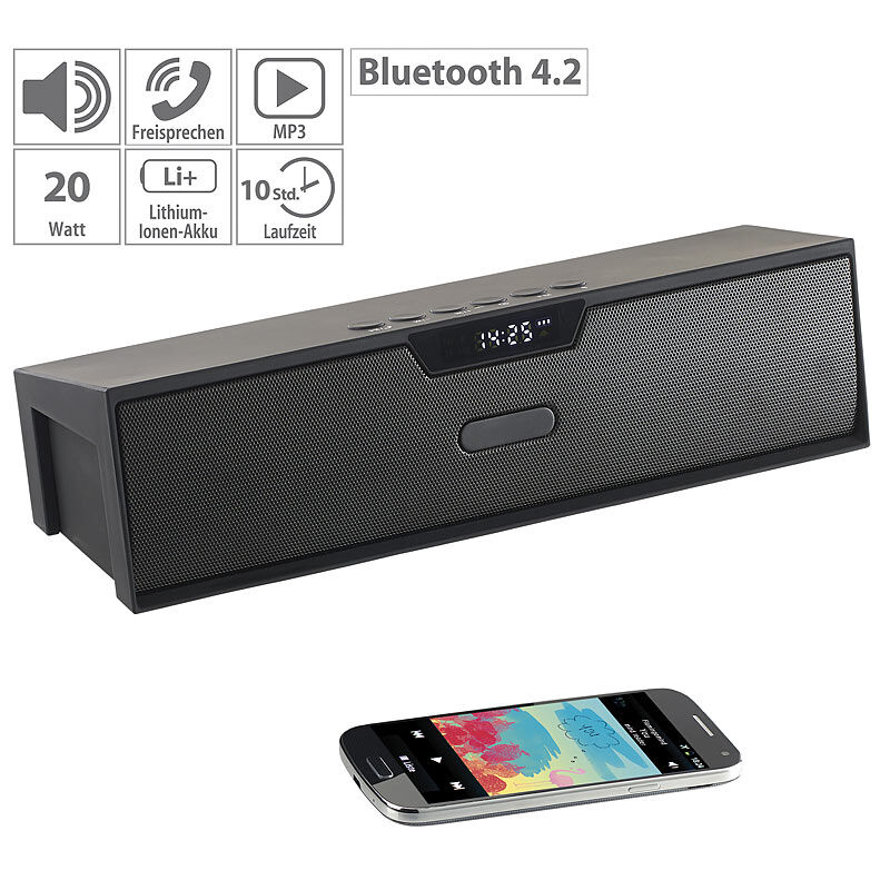 auvisio Stereo-Lautsprecher, Bluetooth, Freisprecher, MP3, Radio, Wecker, 20 W