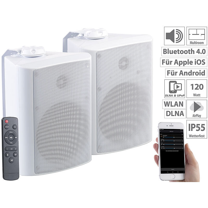 auvisio Aktiv-Multiroom-Stereo-Außen-Lautsprecher, WLAN, Bluetooth, 120W, IP55