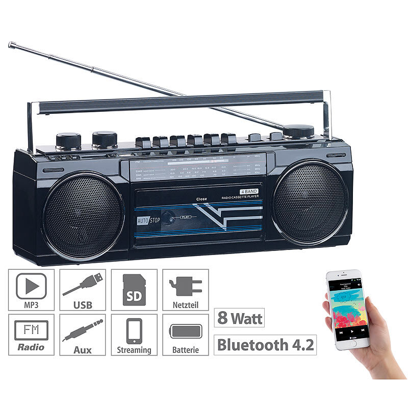 auvisio Retro-Boombox mit Kassetten-Player, Radio, USB, SD & Bluetooth, 8 Watt