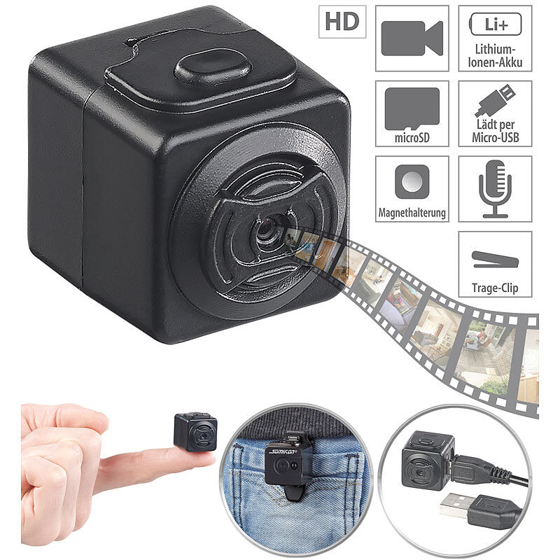 Somikon Ultrakompakte HD-Videokamera mit Bewegungs-Erkennung, Magnet-Halterung