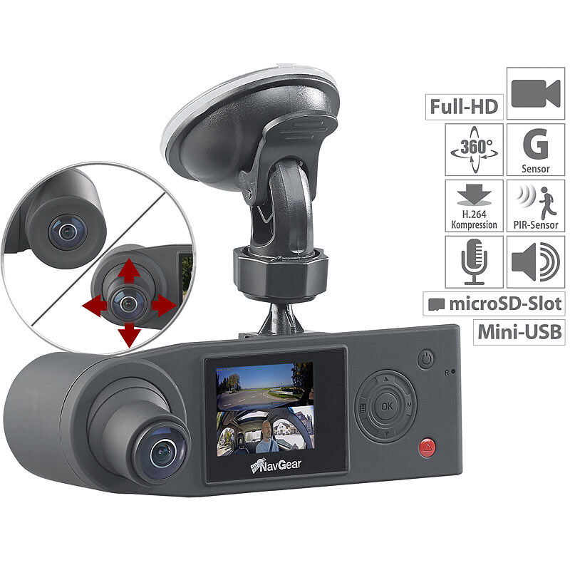 NavGear Full-HD-Dashcam mit 2 Kameras für 360°-Panorama-Sicht, G-Sensor