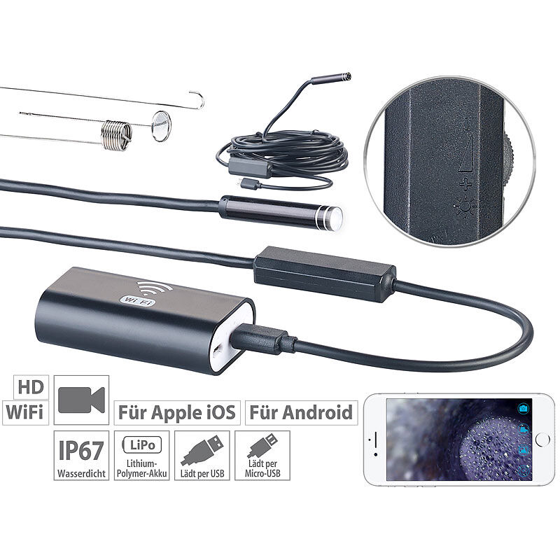 Somikon WiFi-HD-Endoskop-Kamera für iOS- und Android-Mobilgeräte, 5 m