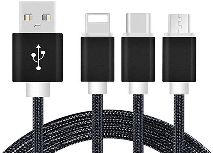 3in1 Ladekabel: Micro USB, USB Type-C & Lightning, 1,2 Meter, schwarz