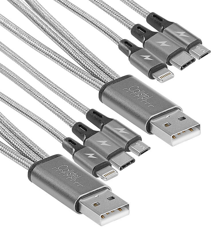 Callstel 2er-Set 3in1-Schnellladekabel: Micro-USB, USB C & Lightning, 30 cm, 3A