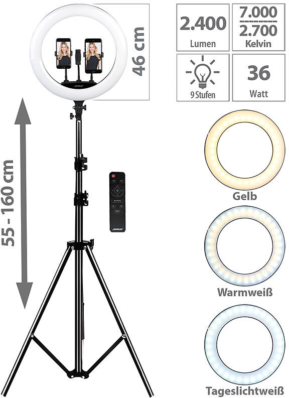 Somikon XL-LED-Ringlicht mit Smartphone-Halter, Ø 46 cm, USB-Port, dimmbar