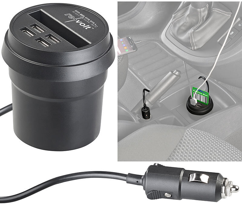 revolt Kfz-USB-Ladegerät mit Kartenhalter, 4x USB, 3,1 A/15,5 W, für 12/24 V