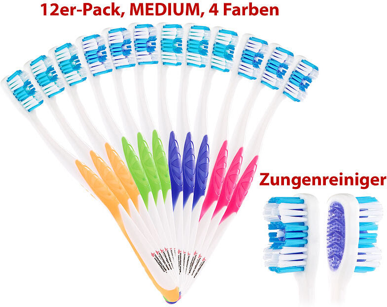 newgen medicals 12er-Pack Marken-Zahnbürsten mit Zungenreiniger, MEDIUM, 4 Farben