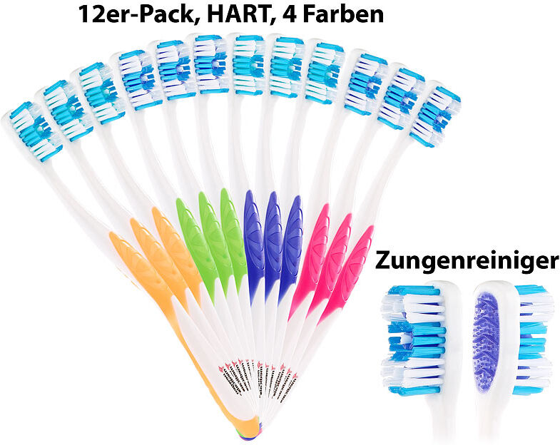 newgen medicals 12er-Pack Marken-Zahnbürsten mit Zungenreiniger, HART, 4 Farben