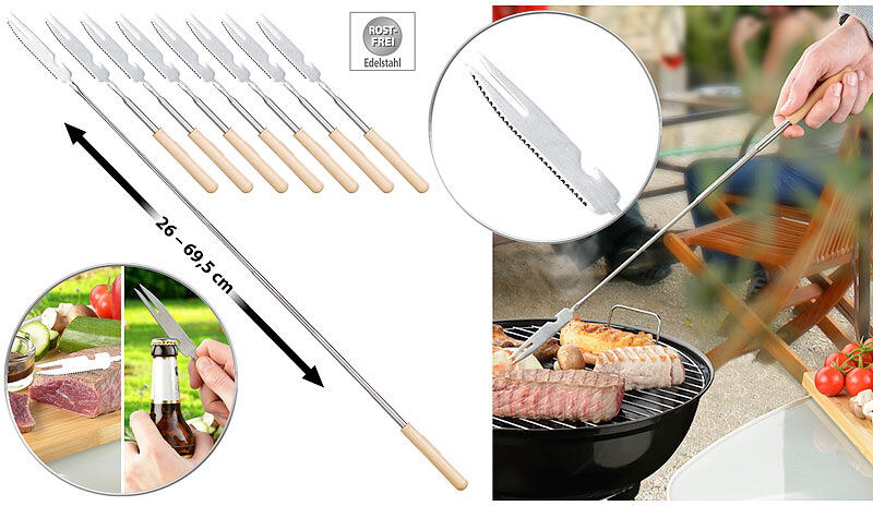 infactory 8er-Set 3in1-Teleskop-Messer, Grillgabel & Flaschenöffner, bis 69,5 cm