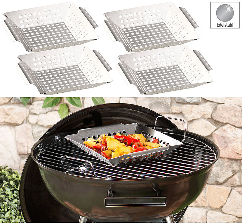 Rosenstein & Söhne 4er-Set Edelstahl-Grill-Schalen für Gemüse und kleines Grillgut, 1 mm