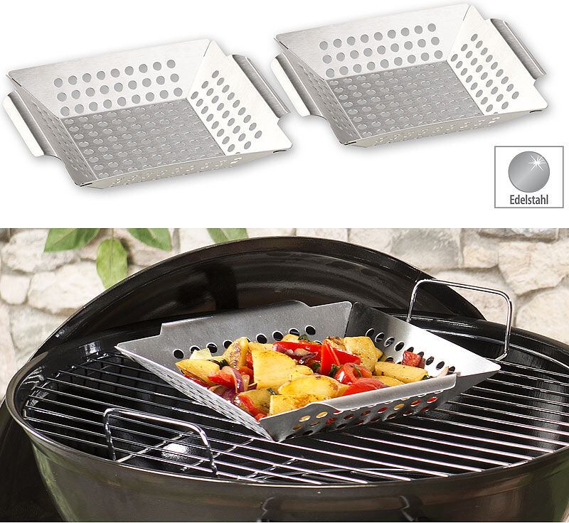 Rosenstein & Söhne 2er-Set Edelstahl-Grill-Schalen für Gemüse und kleines Grillgut, 1 mm