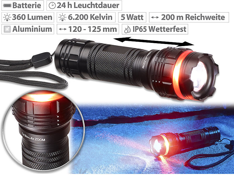 KryoLights Cree-LED-Taschenlampe mit Alu-Gehäuse, 5 Watt, 360 Lumen, IP65