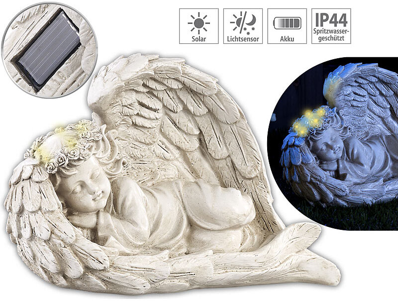 Lunartec Schlafende Solar-LED-Schutzengel-Figur, 16 cm, für innen & außen