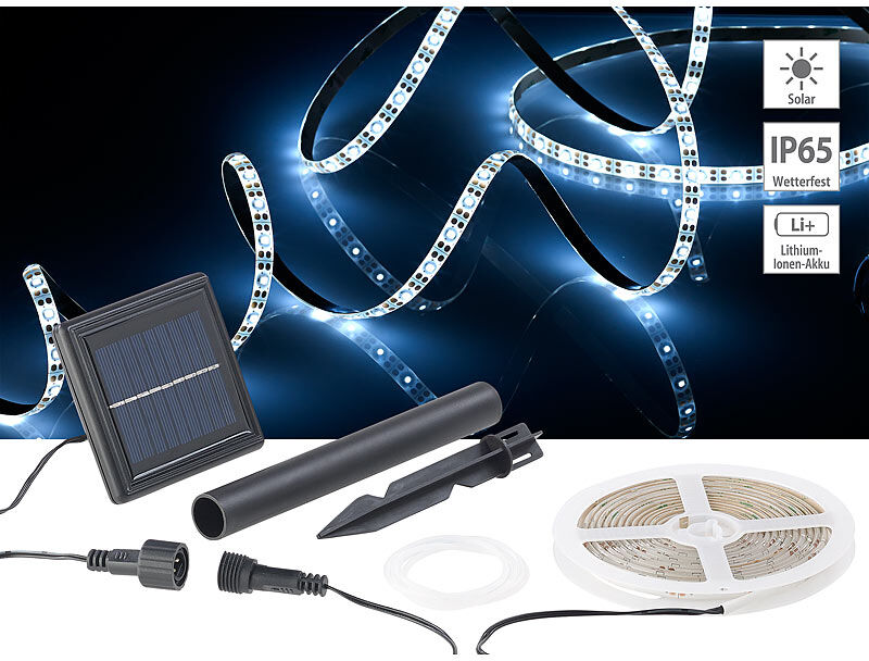 Lunartec Solar-LED-Streifen mit 180 tageslichtweißen LEDs, 3 m, wetterfest IP65