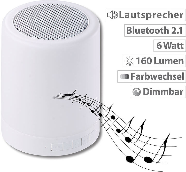 Lunartec 2in1-Lautsprecher, Bluetooth, Akku, LED-Tischleuchte 6 Watt, 160 Lumen