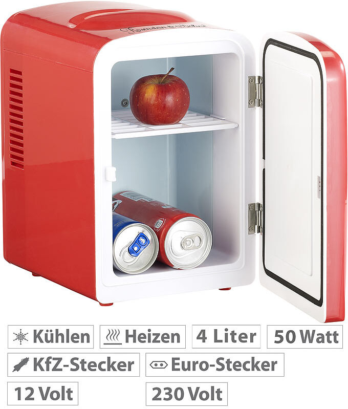 Rosenstein & Söhne Mini-Kühlschrank mit Warmhalte-Funktion, 4 Liter, für 12/230 Volt, rot