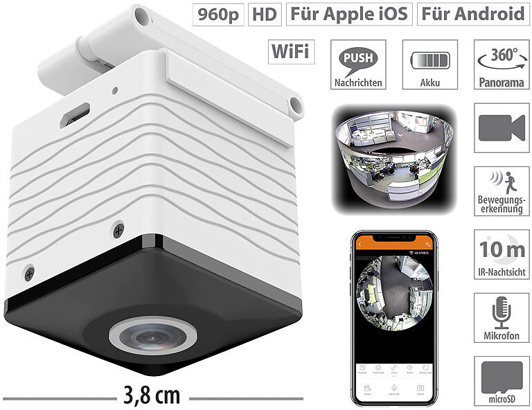 7links Mini-Akku-HD-Überwachungskamera mit 360°, 960p, Nachtsicht, WLAN, App