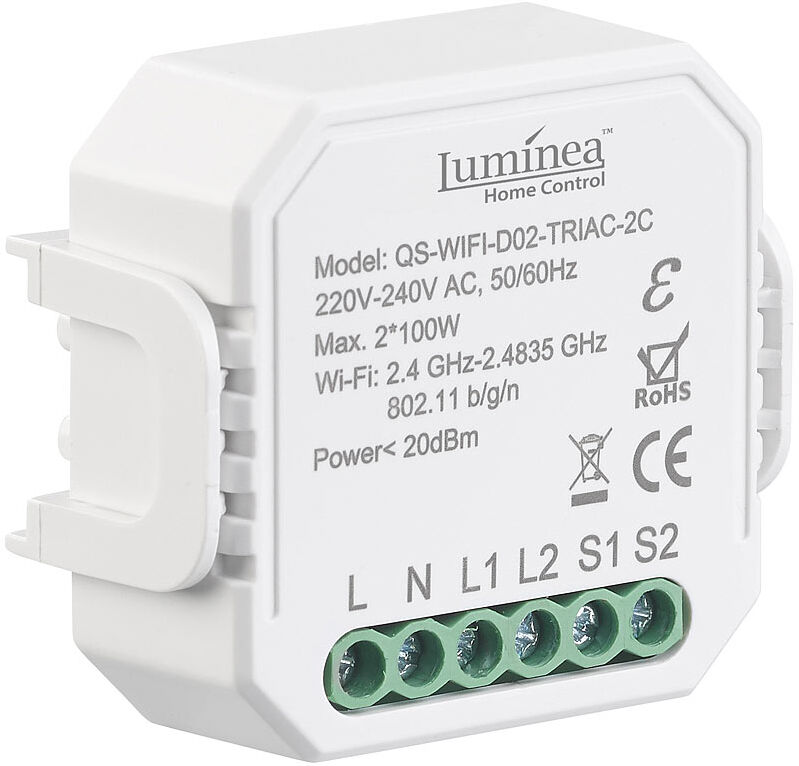 Luminea Home Control WLAN-Unterputz-2-Kanal-Lichtschalter & -Dimmer, App, Sprachsteuerung