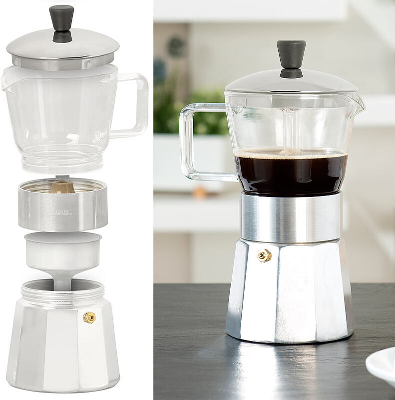 Cucina di Modena Design-Espressokocher, Kanne aus Borosilikat-Glas, 300 ml, 6 Tassen