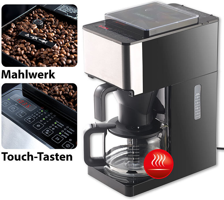 Rosenstein & Söhne Vollautomatische Filter-Kaffeemaschine, Kegelmahlwerk, Touch-Bedienung